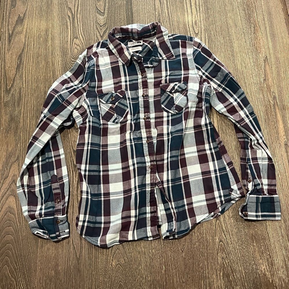 The North Face Shirt Boys Button Up Flannel Cotton Plaid Red Teal Size Large